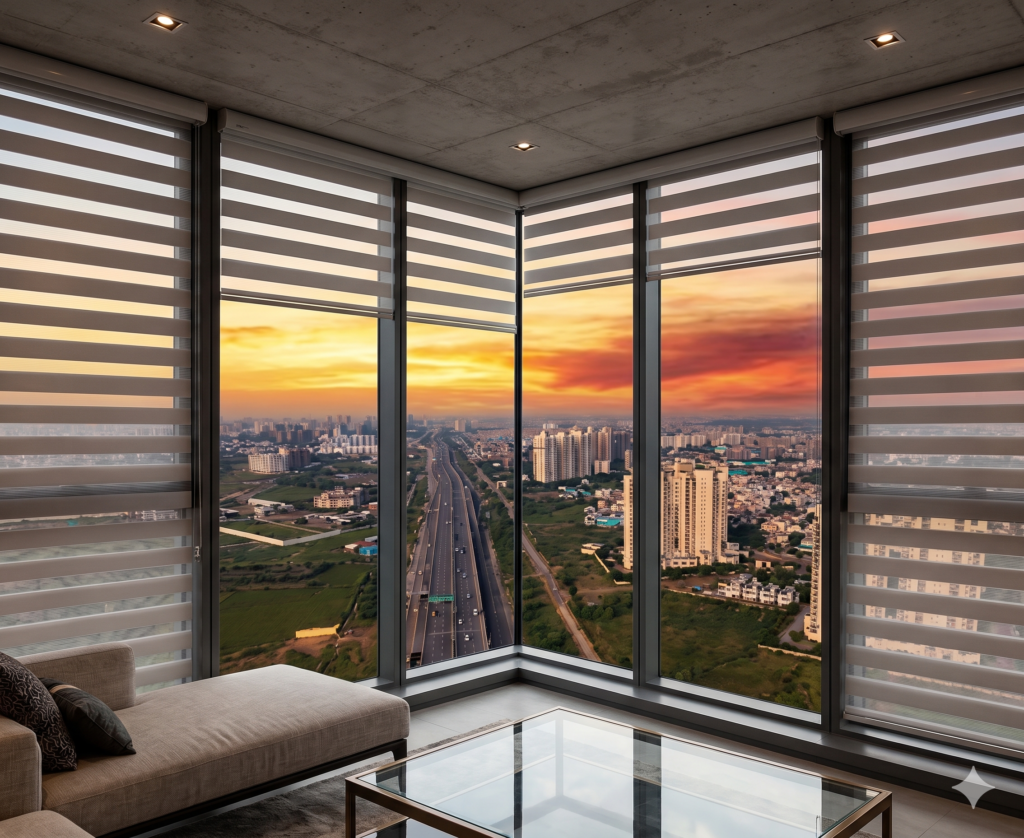 High-rise apartment corner with floor-to-ceiling windows, showing partially adjusted motorized Zebra blinds framing a golden sunset view of the Dwarka Expressway and the Gurgaon skyline.