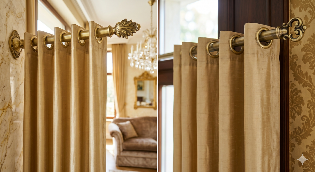 Close-up of premium patterned champagne gold eyelet curtains hanging on a decorative antique brass rod in a luxury living room.
