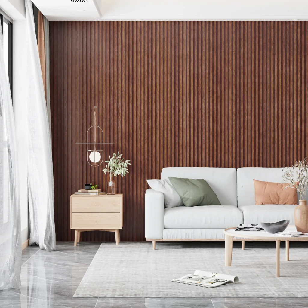 A modern interior wall featuring high-gloss UV marble sheets and elegant PVC wall panels installed by Dzire Decor.