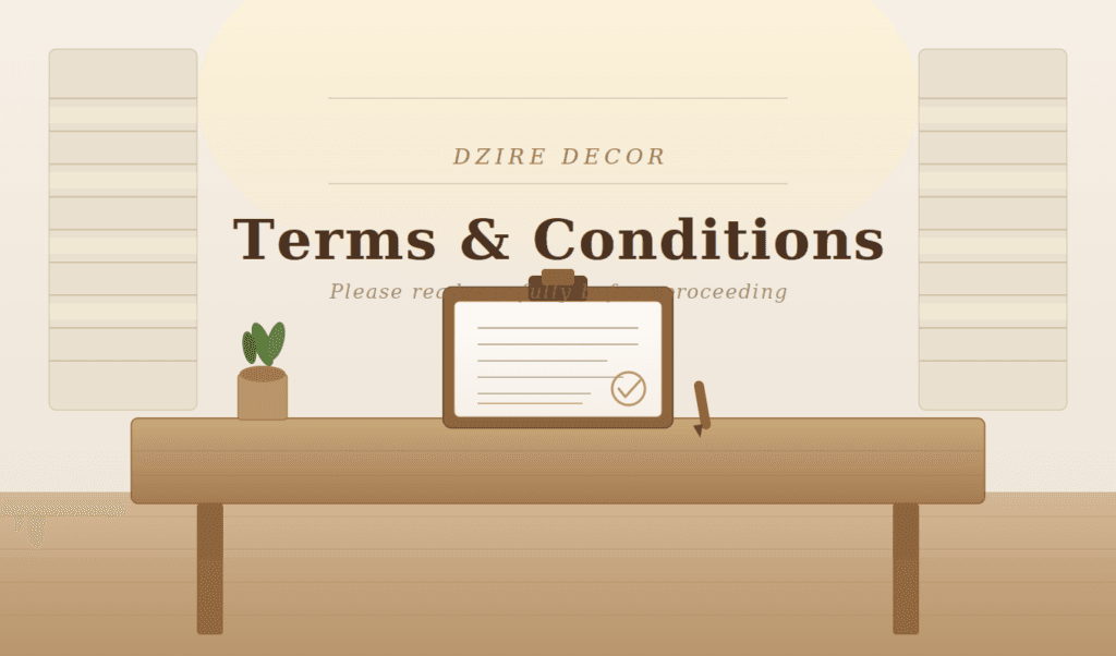 Illustration of a desk scene with a clipboard and a large 'Terms & Conditions' heading in a beige office setting.