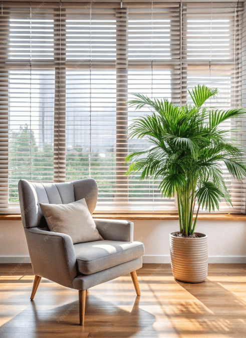 Modern living room with premium wooden window blinds, grey accent chair, and indoor palm plant – Dzire Decor, Dwarka